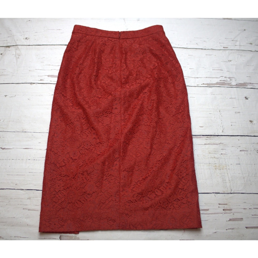 J.Crew Lace Midi Skirt Rust Red Pencil Front Slit 4 Holiday Wedding Guest - Picture 2 of 9